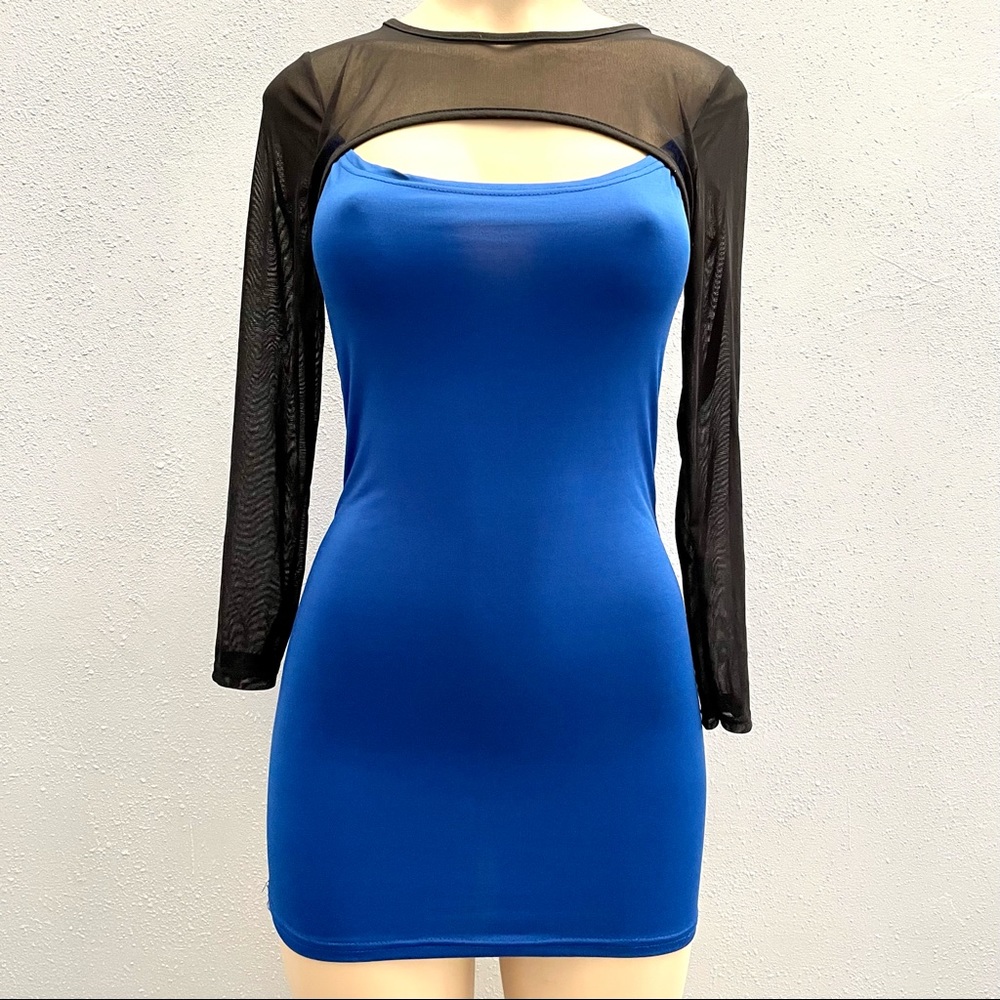 Blue And Black Long Sheer Sleeve Bodycon Mini Dress With Cut Out Small